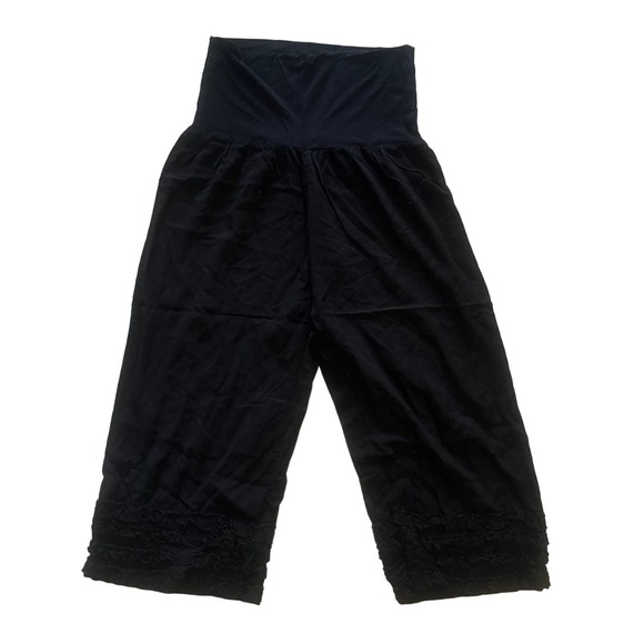 M L Baik Baik Honolulu Black Cropped Ruffle Bottom Wide Leg Pants Foldover Waist - Picture 1 of 5